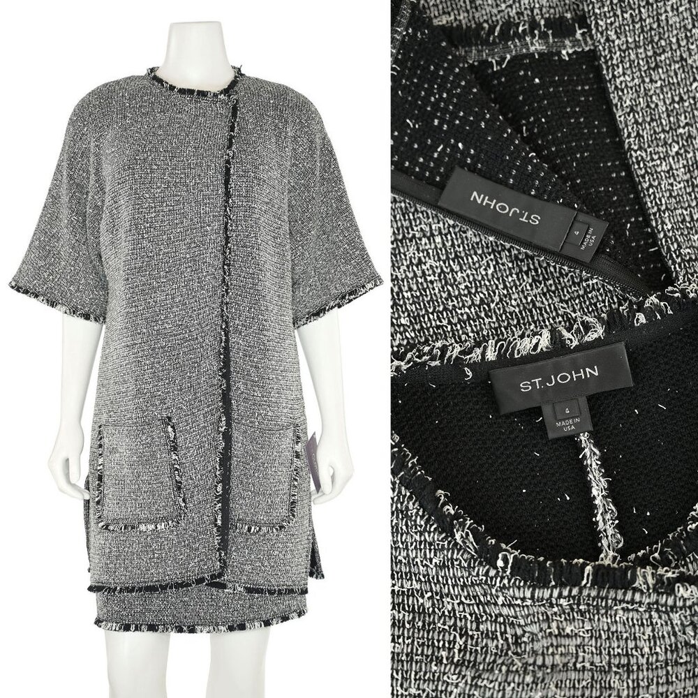 St. John Knits 2Pc Paper Fringe Jacket & Dress Suit in Black/White sz 4